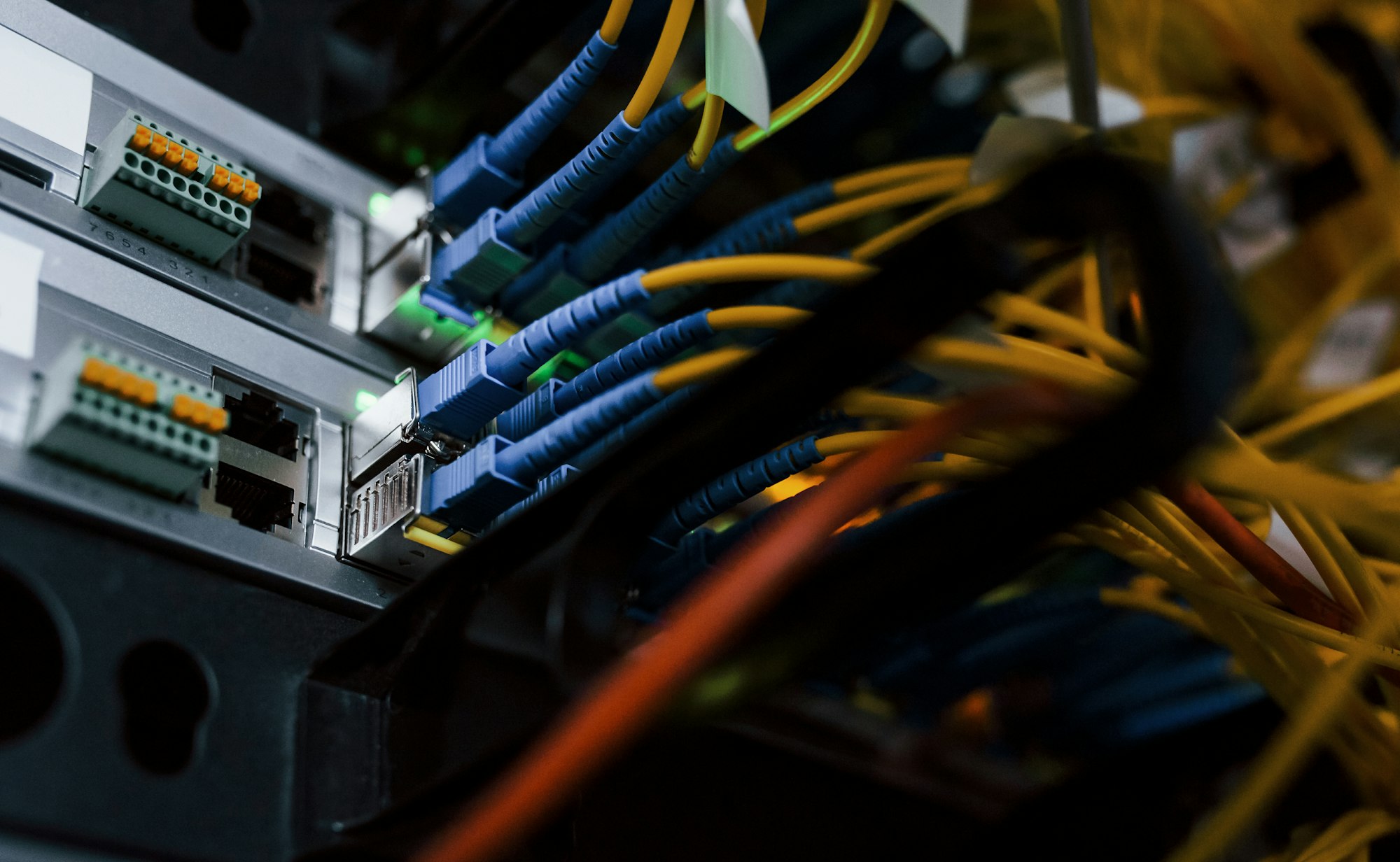 Close up view of internet equipment and cables in the server room